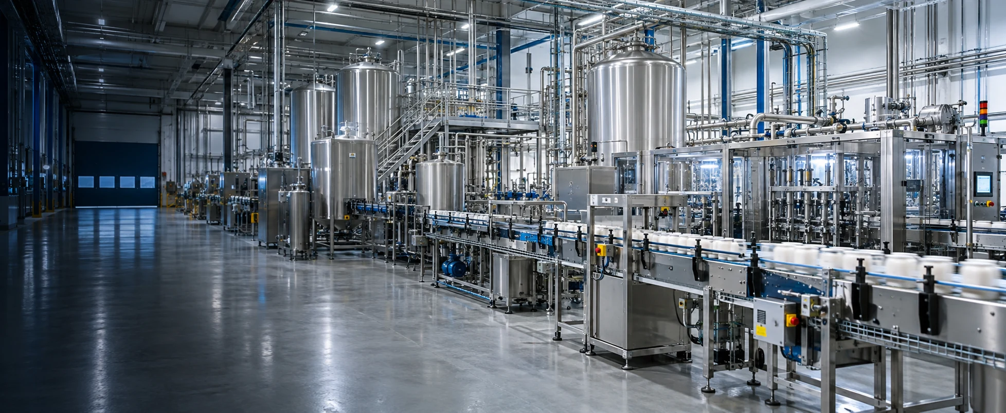 Modern food-processing facility with stainless-steel tanks, sanitary pipework and an automated packaging line