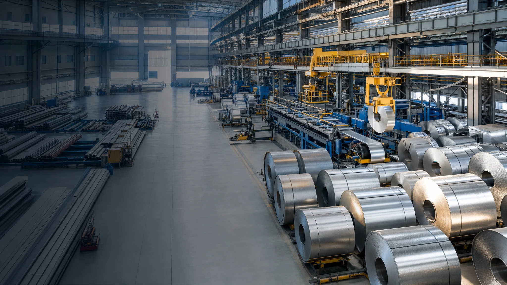 Modern steel manufacturing facility with finished steel coils, processing lines and material-handling equipment